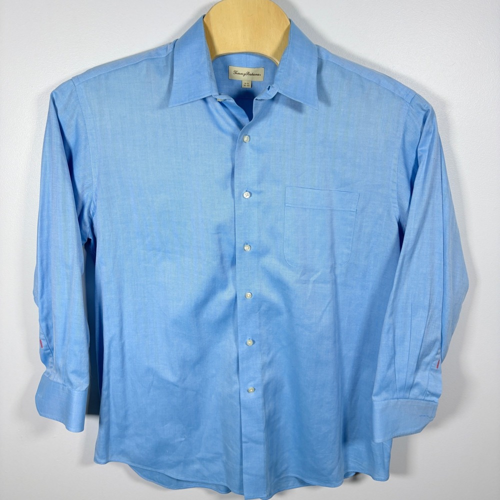 Tommy Bahama Mens Light Blue Herringbone Cotton Button Down Shirt 16.5 32/33 - Picture 3 of 4